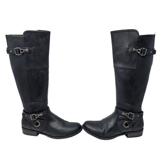 G by Guess Harvest Knee High Boots 10M Black Faux Leather Harness Equestrian - Picture 1 of 13